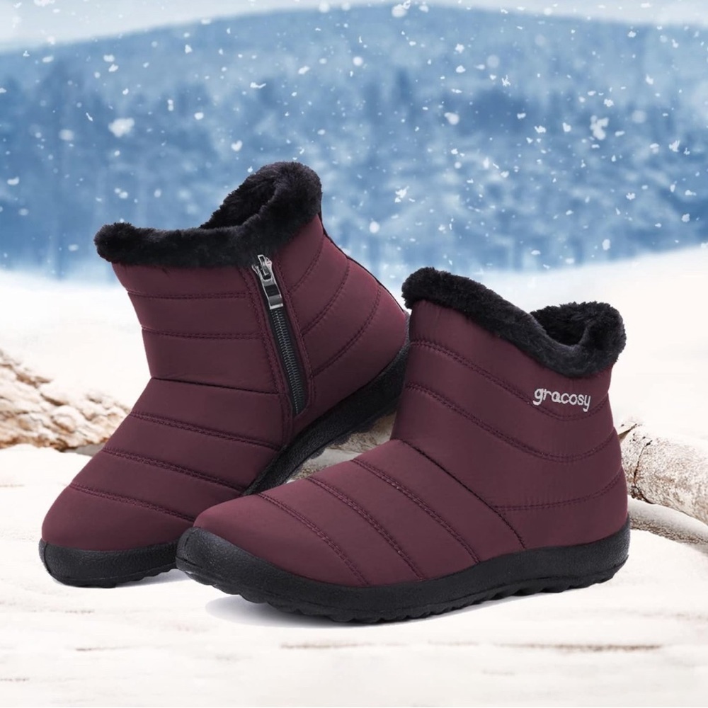 Gracosy Maroon Winter Waterproof Snow Boots - Size 6 Women’s